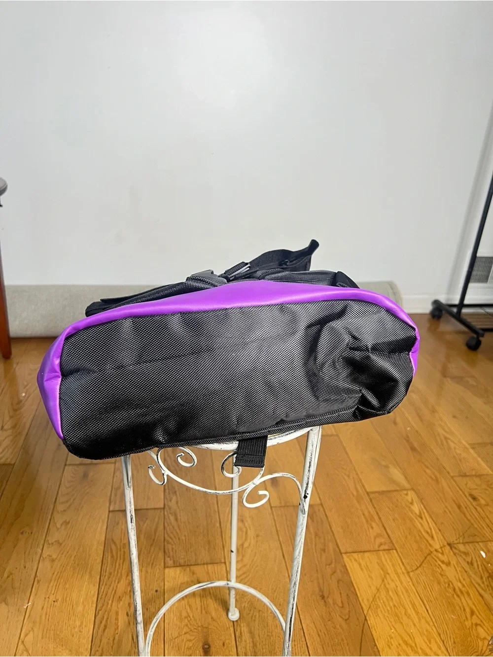 Black and Purple Roll-Top Backpack with Front Pockets